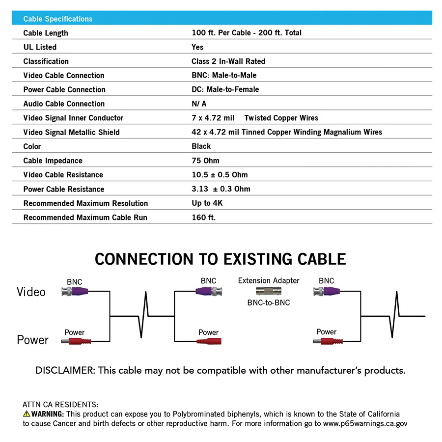 100 ft In-Wall Rated BNC Video-Power Extension Cable with Extension Adapter - 2 Pack - Image 5